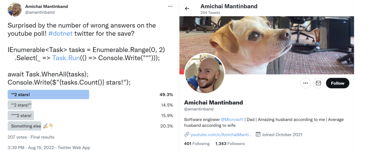 Figure 11.6: A tricky LINQ and Task code teaser from Amichai Mantinband