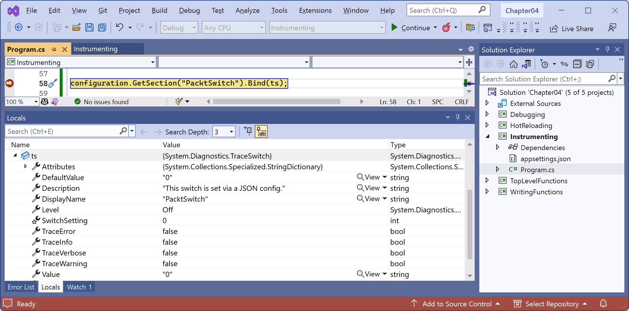 Figure 4.20: Watching the trace switch variable properties in Visual Studio 2022