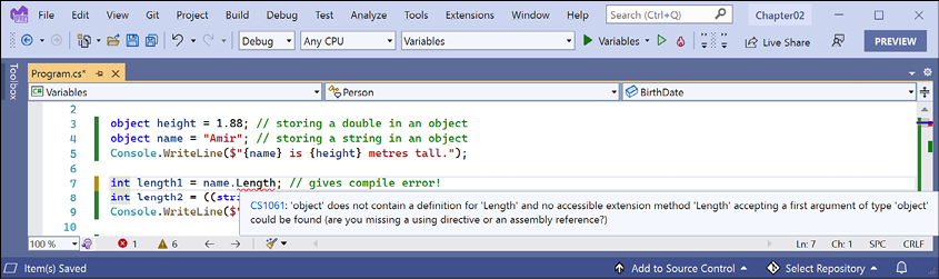 Figure 2.8: The object type does not have a Length property