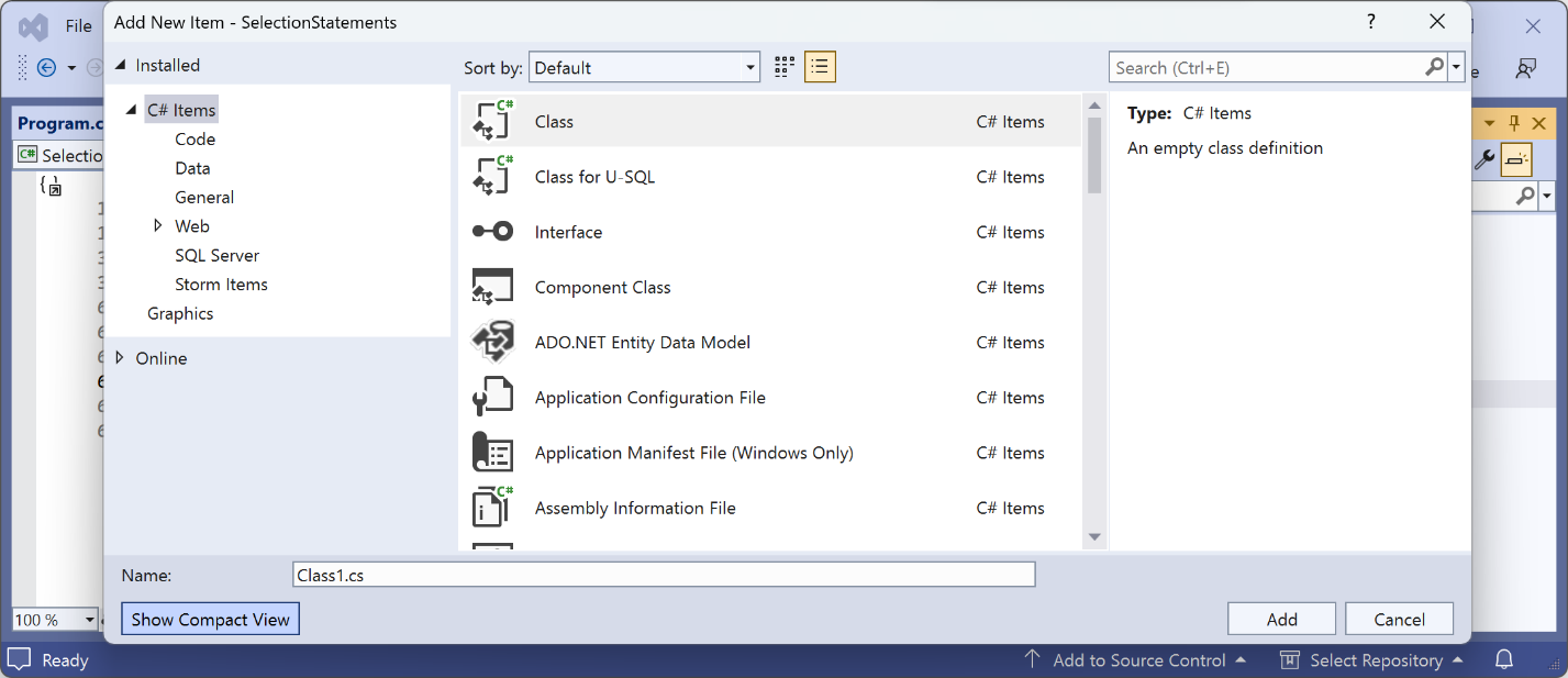 Figure 3.1: Add New Item dialog box in normal view