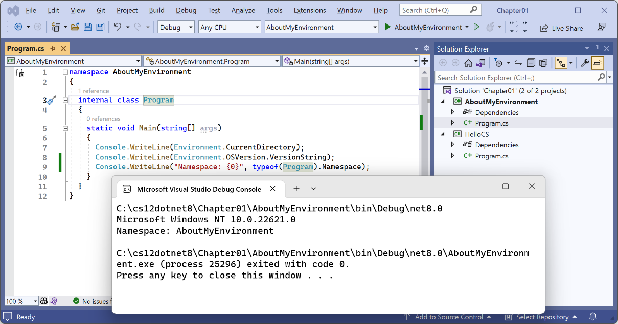 Figure 1.9: Running a console app in a Visual Studio solution with two projects