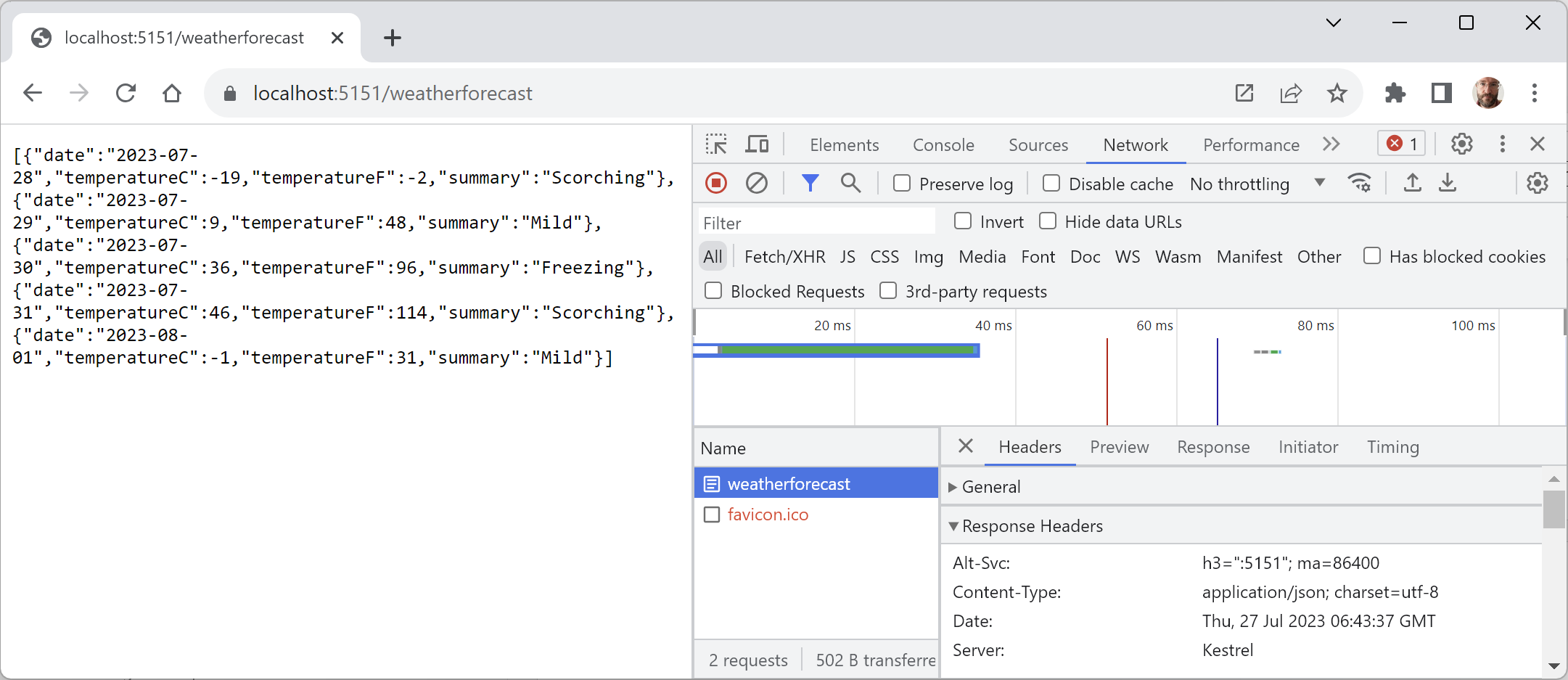 Figure 15.1: A request and response from a weather forecast web service