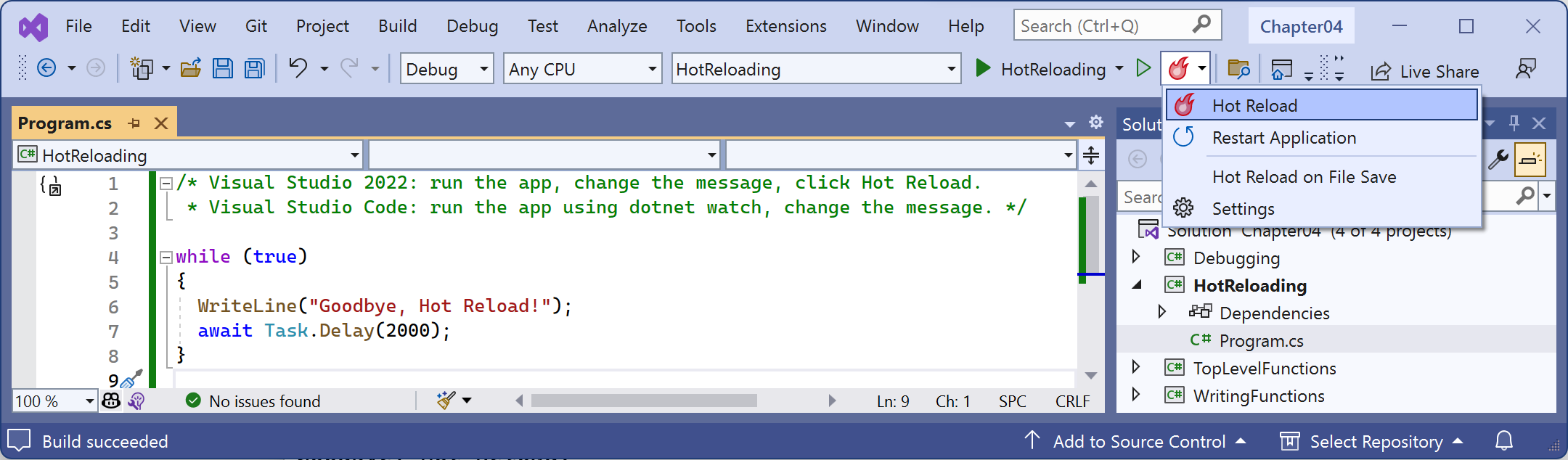 Figure 4.15: Changing Hot Reload options
