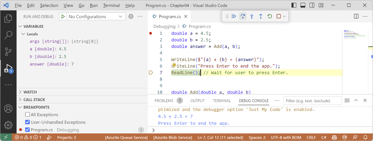 Figure 4.8: Writing to the DEBUG CONSOLE during debugging