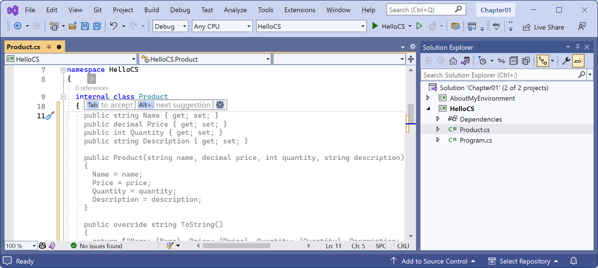Figure 1.23: GitHub Copilot suggesting how to define a Product class