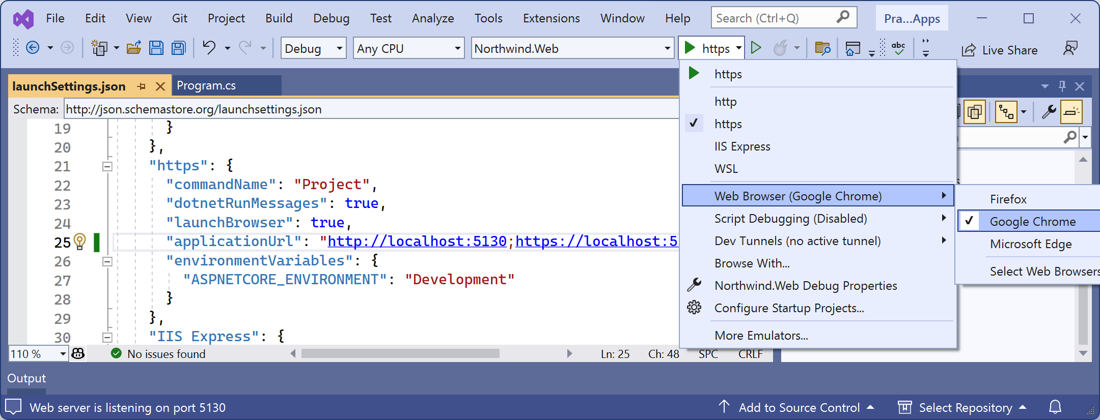 Figure 13.1: Selecting the https profile with its Kestrel web server in Visual Studio