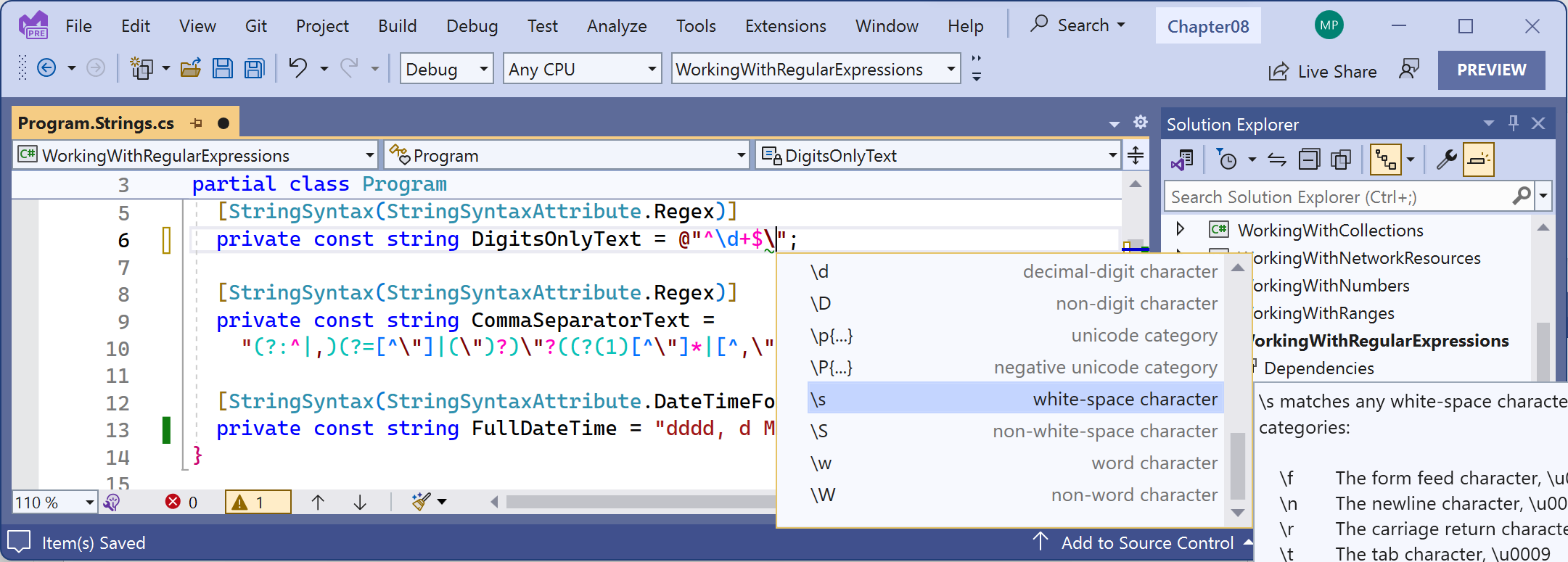 Figure 8.3: IntelliSense for writing a regular expression