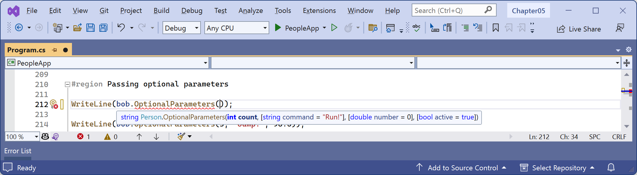 Figure 5.4: IntelliSense showing the required and optional parameters as you type code