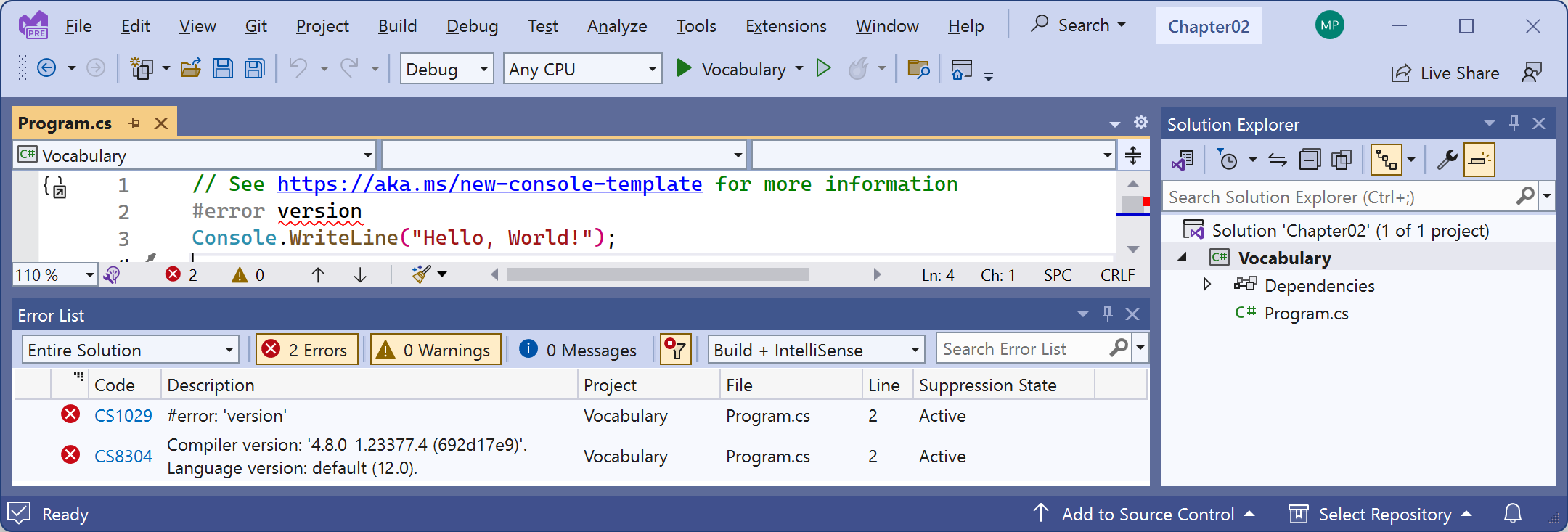 Figure 2.1: A compiler error that shows the C# language version