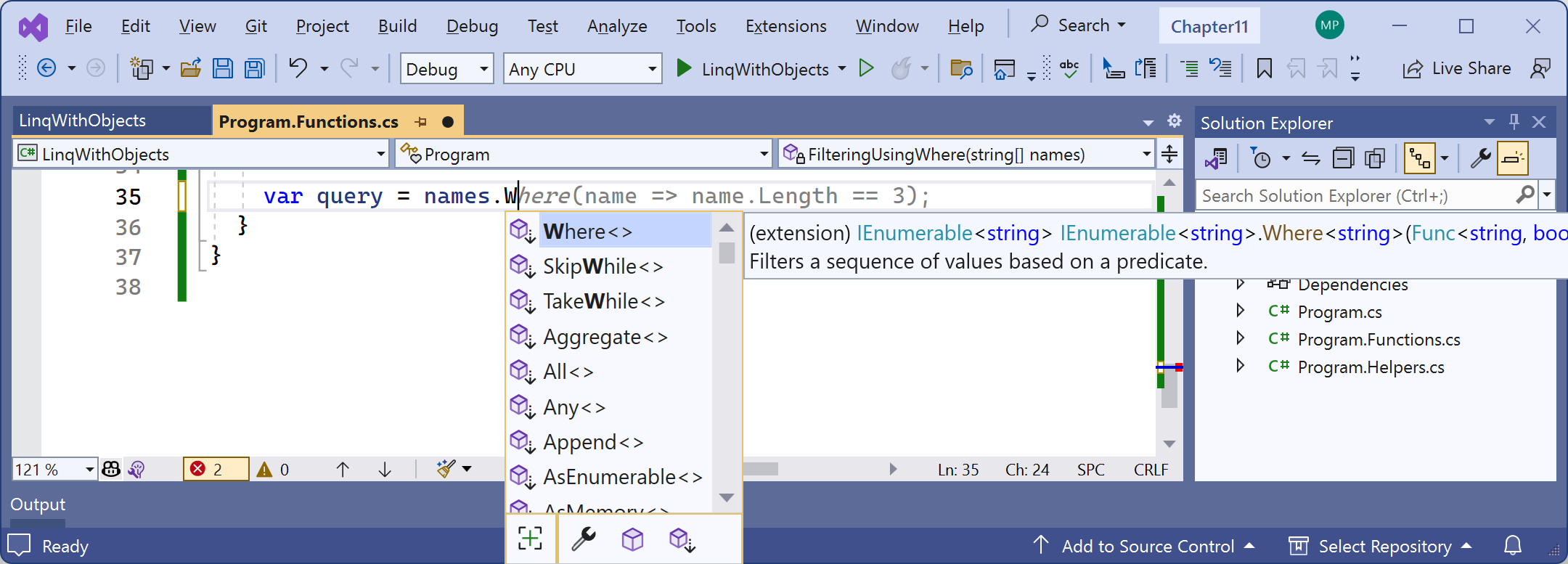 Figure 11.2: IntelliSense showing LINQ extension methods when System.Linq is imported