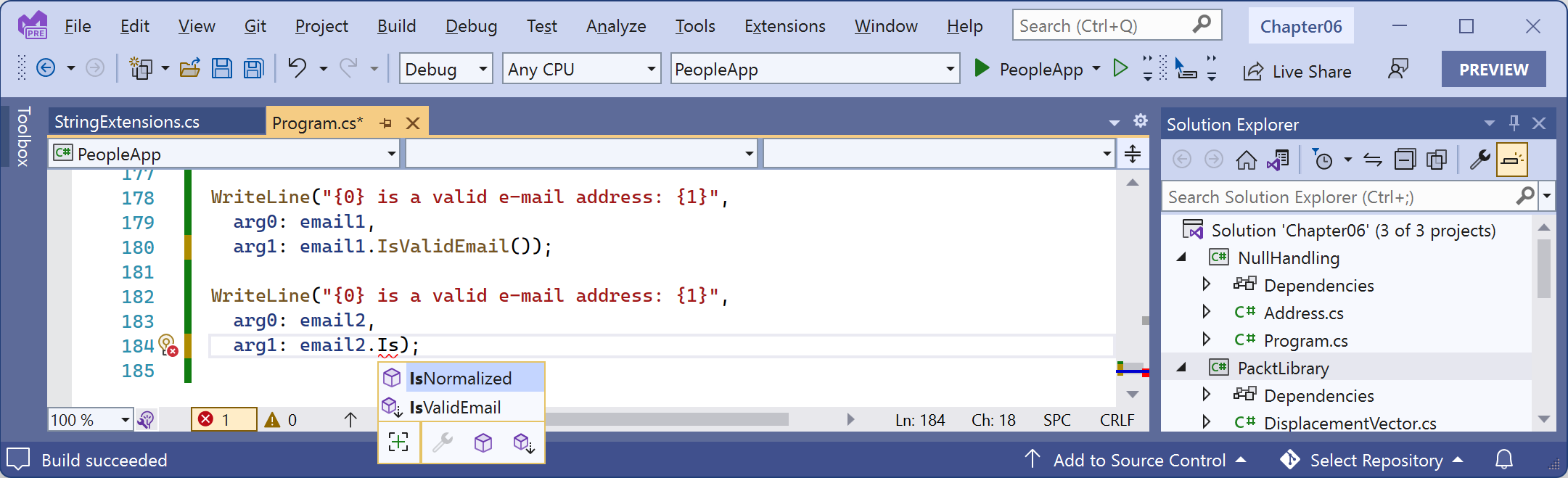 Figure 6.6: Extension methods appear in IntelliSense alongside instance methods