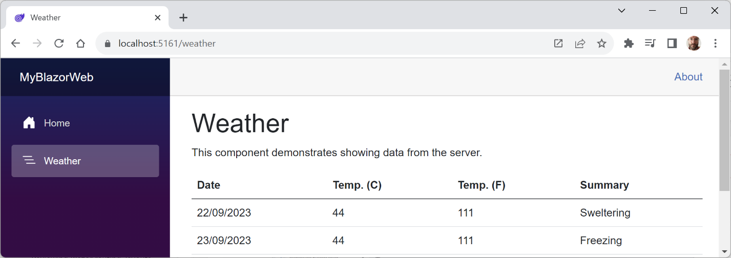 Figure 16.1: Fetching weather data into a Blazor Web App project