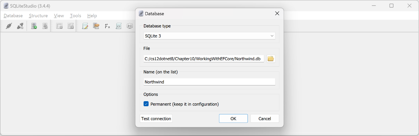 Figure 10.3: Adding the Northwind.db database file to SQLiteStudio