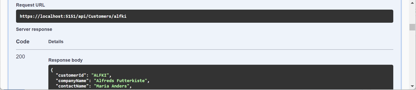 Figure 15.8: Information on ALFKI in a successful Swagger request