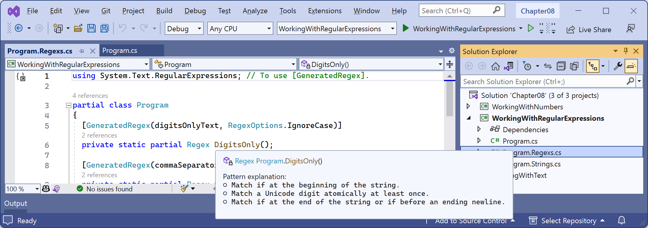 Figure 8.4: Tooltip for a partial method shows a description of the regular expression