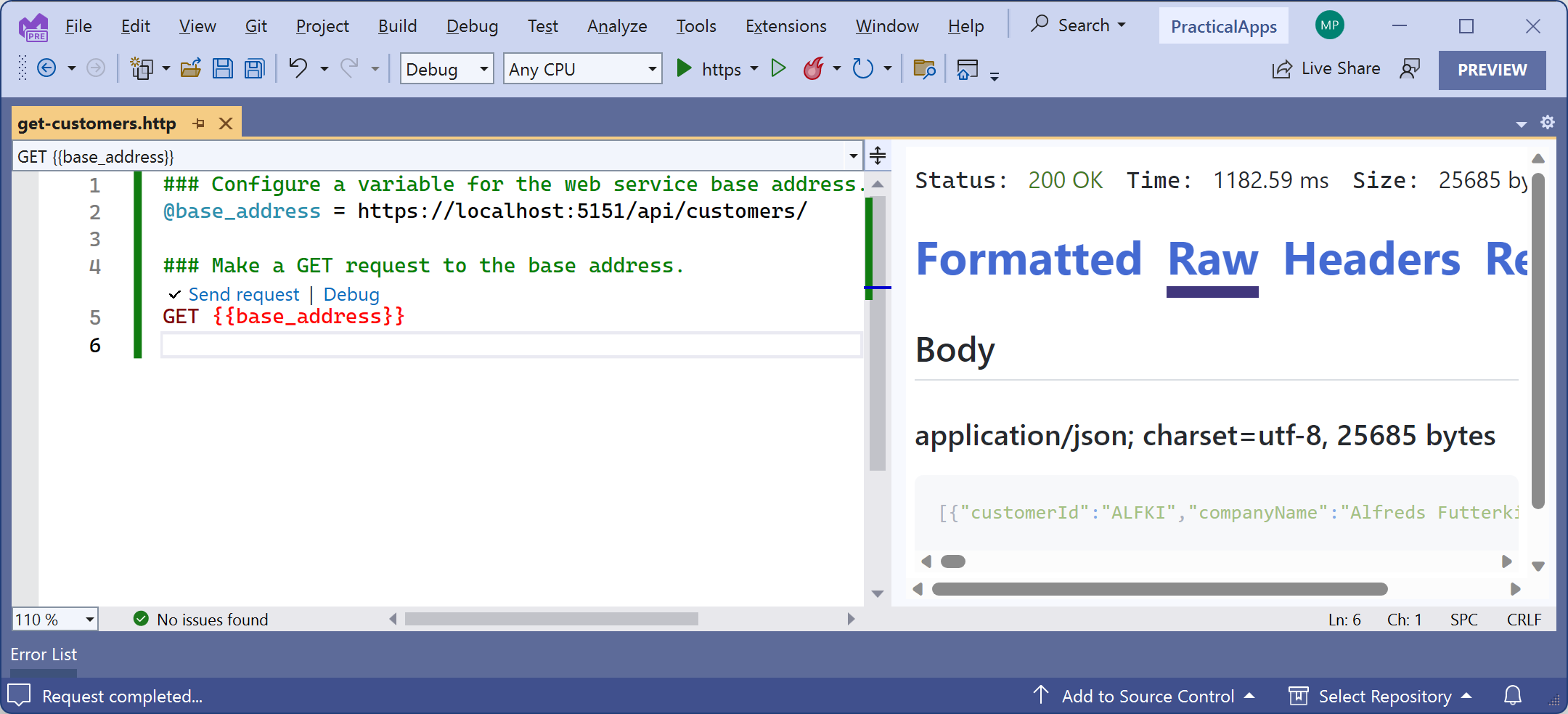 Figure 15.3: Sending an HTTP GET request using Visual Studio 2022