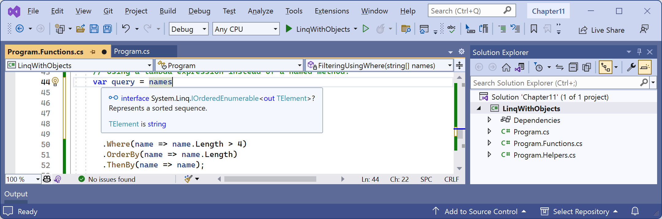 Figure 11.3: Hover over var to see the actual implied type of the query expression