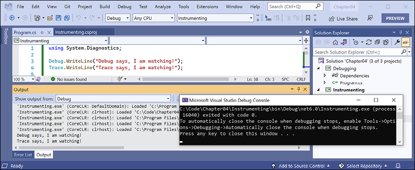 Figure 4.17: Visual Studio 2022 Output window shows Debug output including the two messages