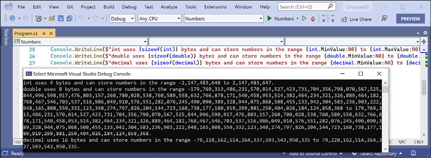 Figure 2.6: Size and range information for common number data types