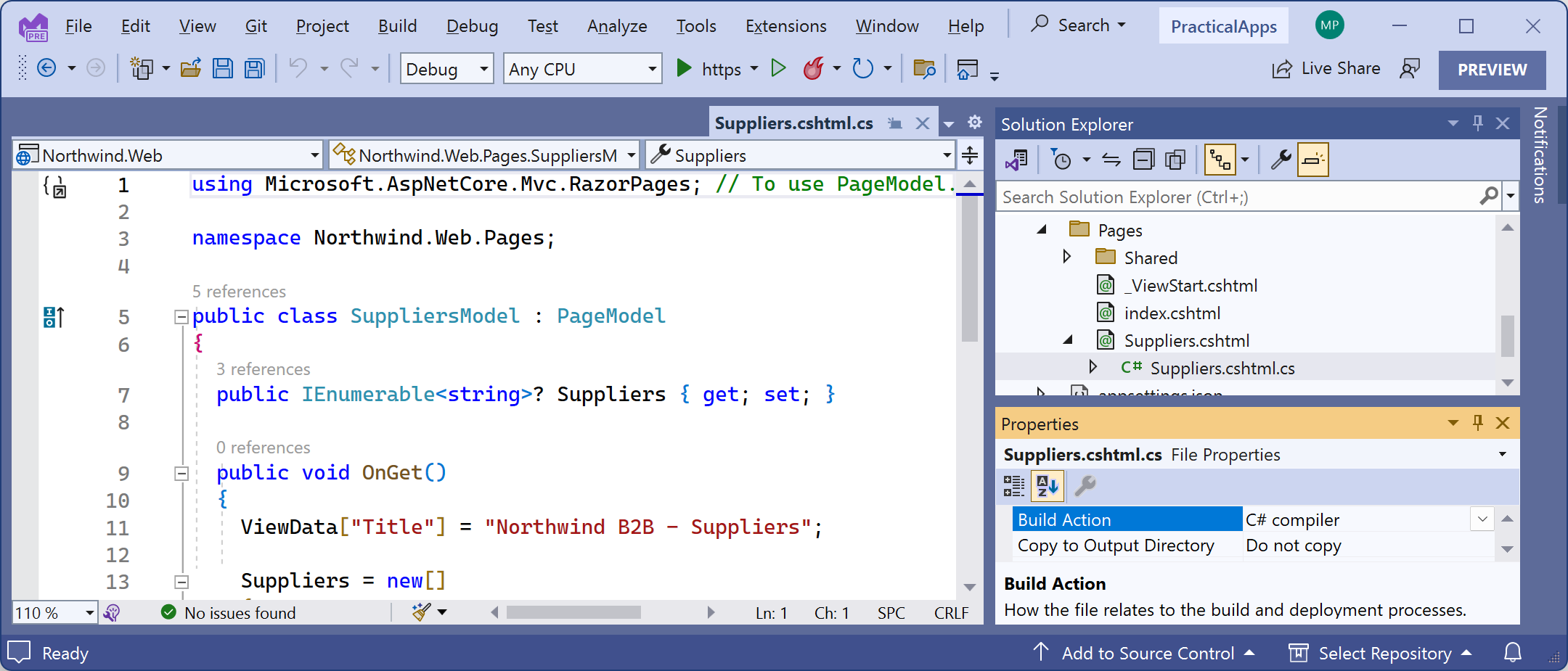 Figure 13.9: Properties of Suppliers.cshtml.cs show its default Build Action is C# compiler