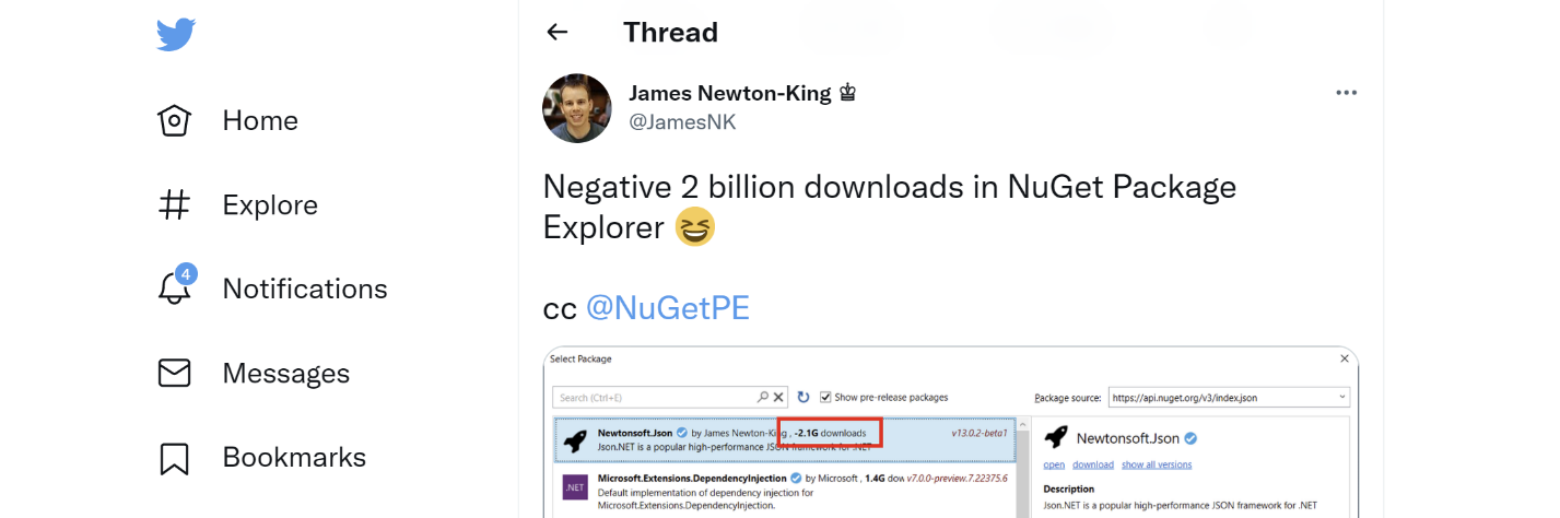 Figure 9.5: Negative 2 billion downloads for Newtonsoft.Json in August 2022