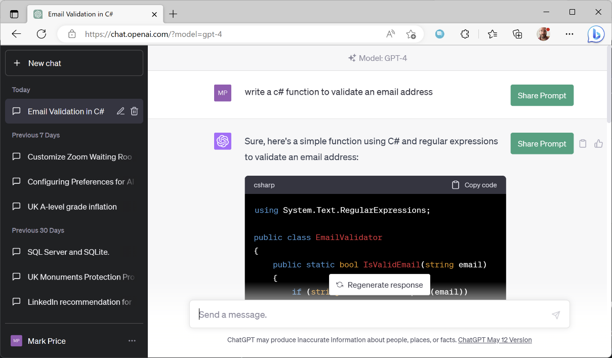 Figure 1.22: ChatGPT writes a function to validate an email address
