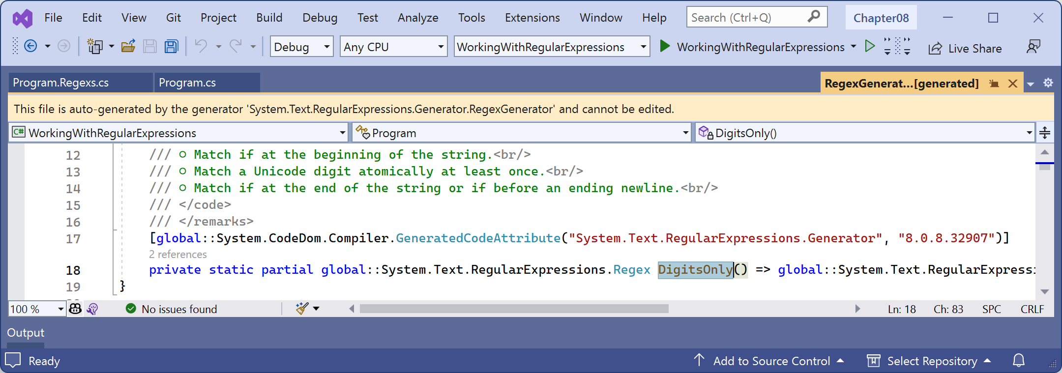 Figure 8.5: The auto-generated source code for the regular expression