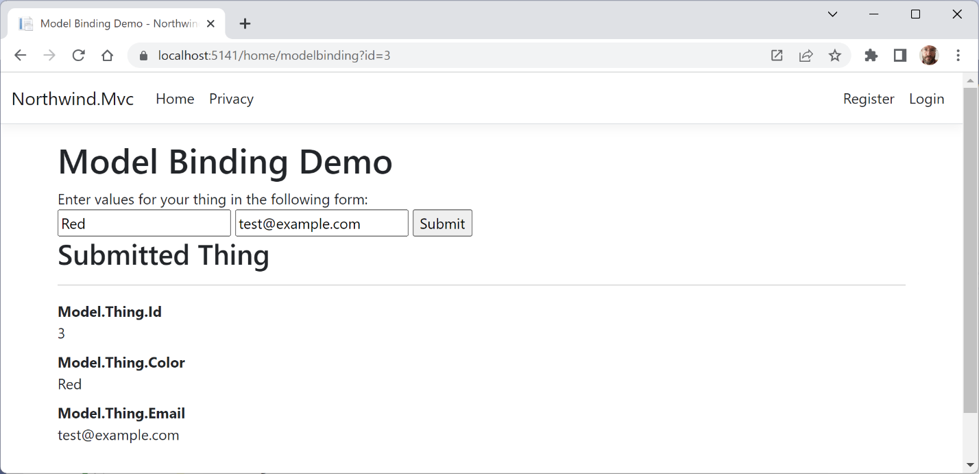 Figure 14.6: The Model Binding Demo page
