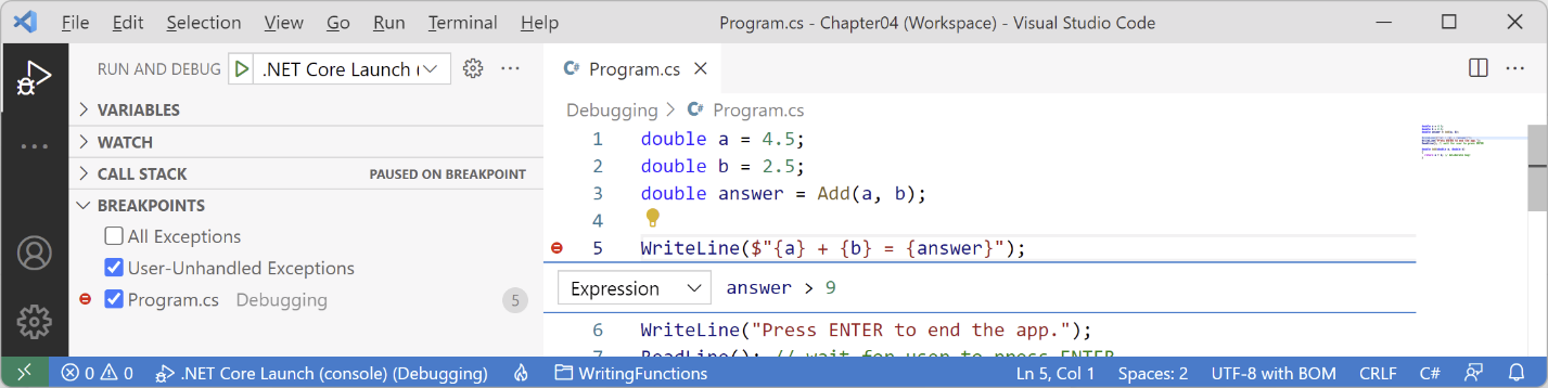 Figure 4.12: Customizing a breakpoint with an expression using Visual Studio Code