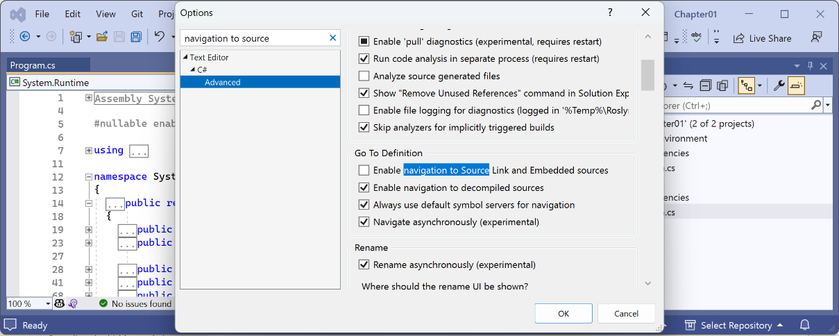Figure 1.16: Disabling Source Link for the Go To Definition feature