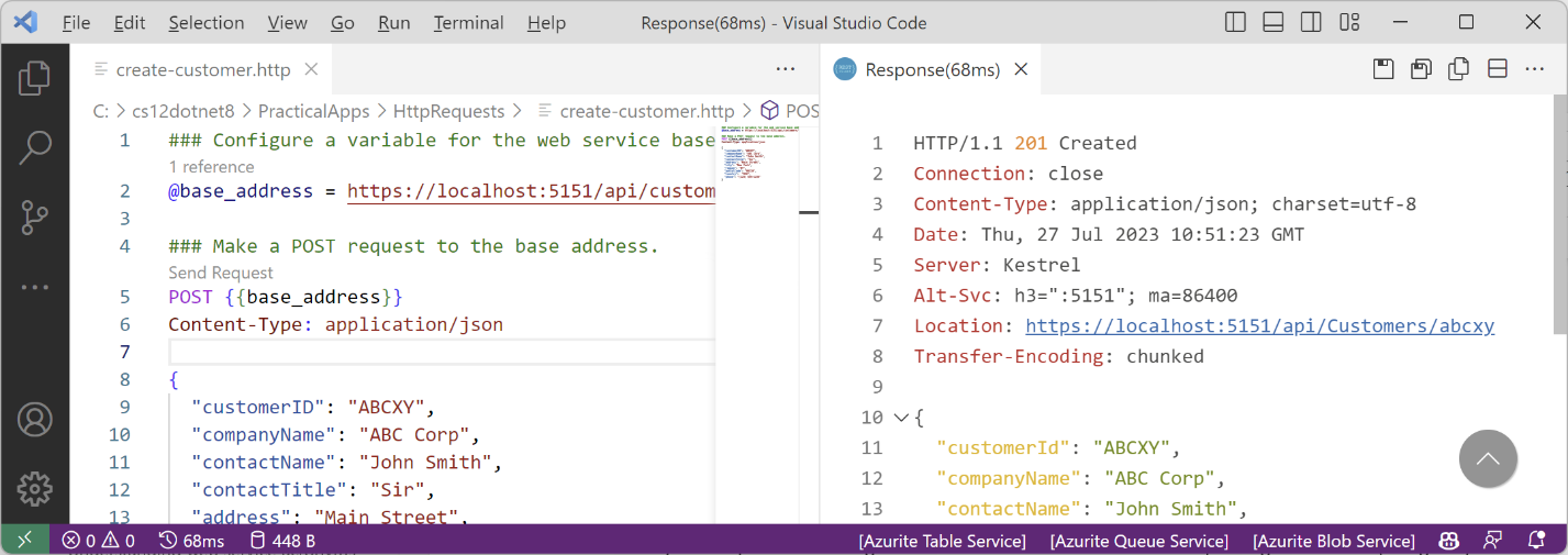 Figure 15.5: Adding a new customer by POSTing to the Web API service