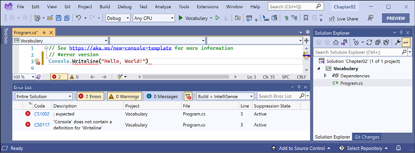Figure 2.3: The Error List window showing two compile errors