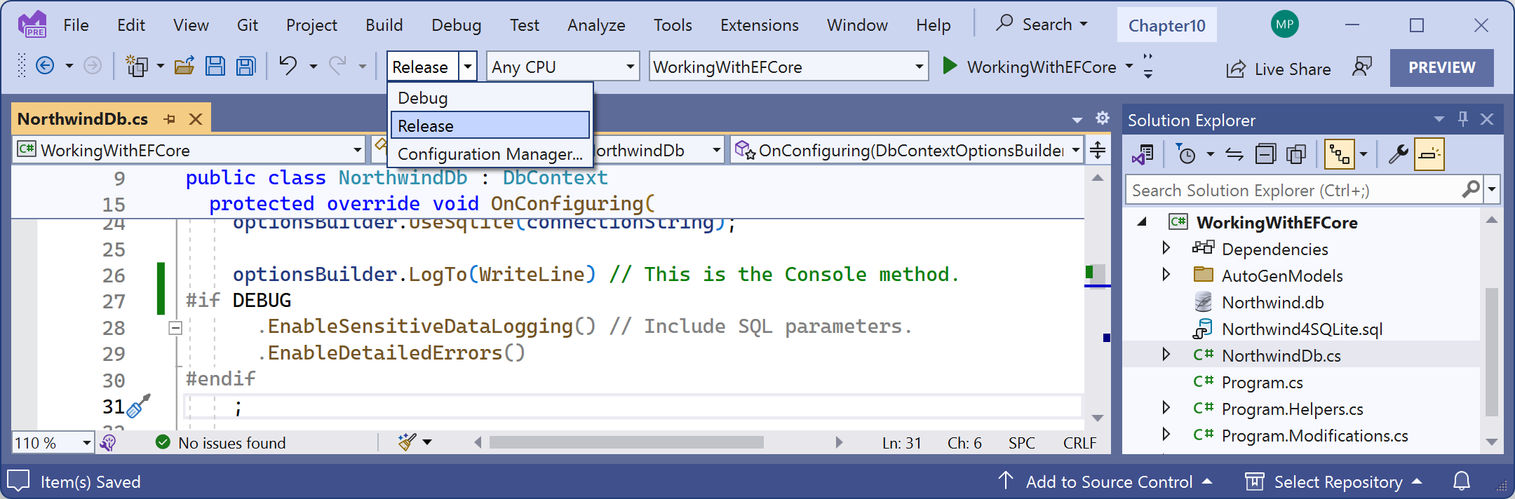 Figure 10.7: Including SQL parameters in logging for debug configuration