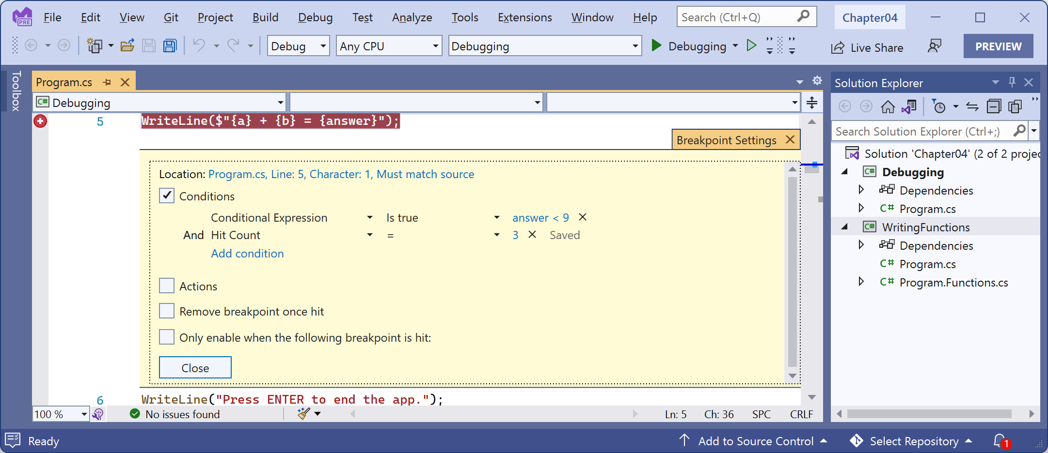 Figure 4.13: Customizing a breakpoint with an expression and hot count using Visual Studio 2022