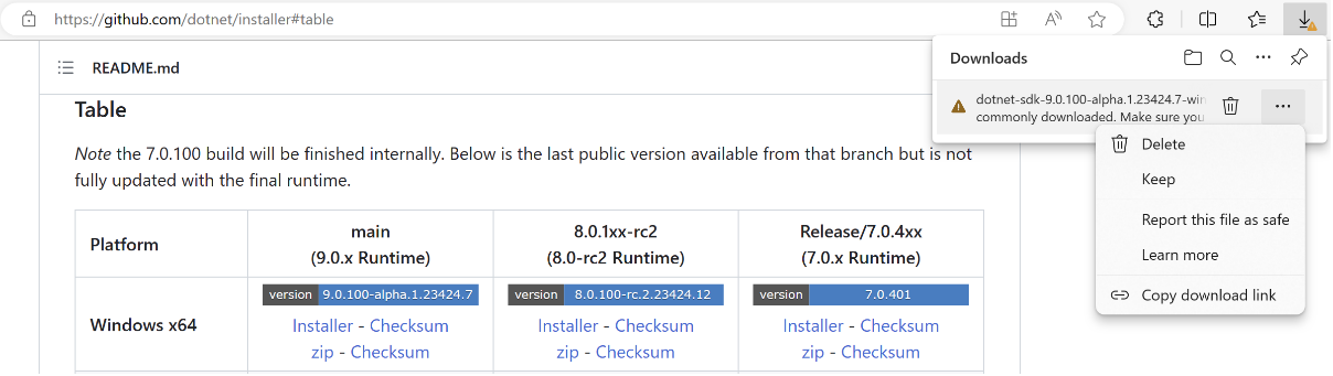Figure 1.24: Download page for alpha versions of .NET