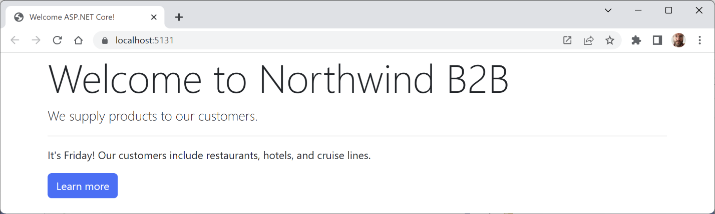 Figure 13.5: Welcome to Northwind page showing the current day