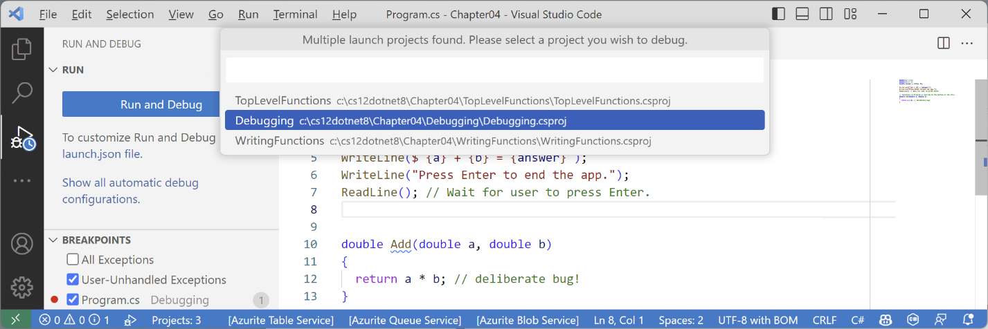 Figure 4.5: Selecting the project to debug using Visual Studio Code
