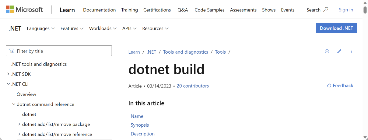 Figure 1.15: Web page documentation for the dotnet build command
