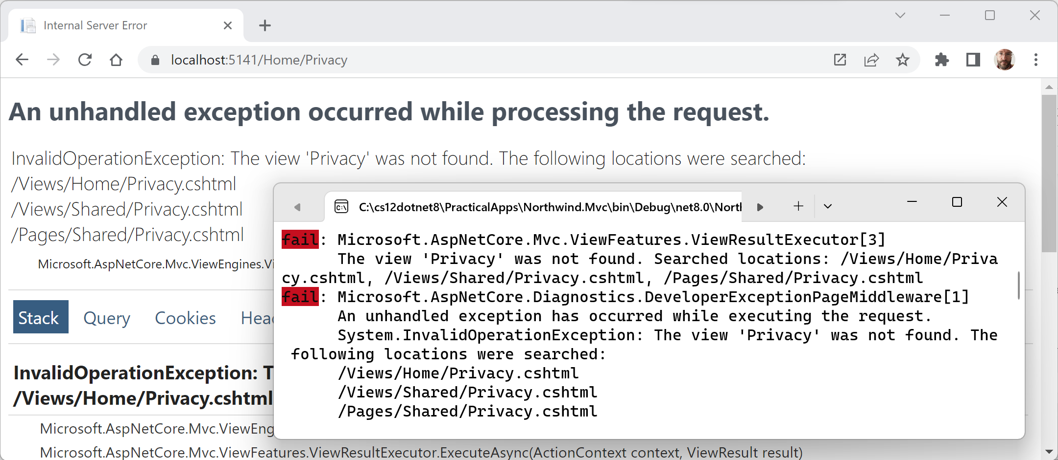 Figure 14.3: An exception showing the default search path for views