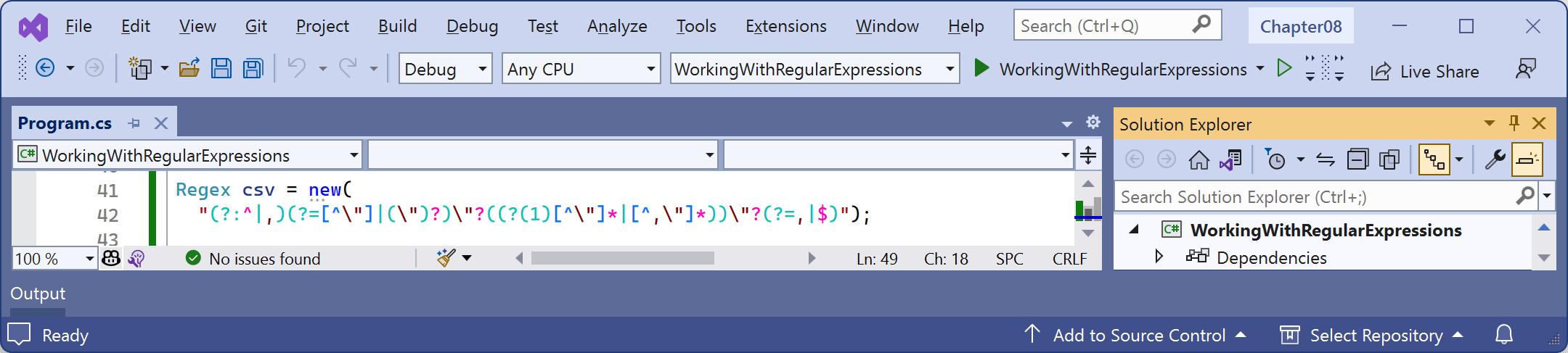Figure 8.1: Regular expression color syntax highlighting when using the Regex constructor