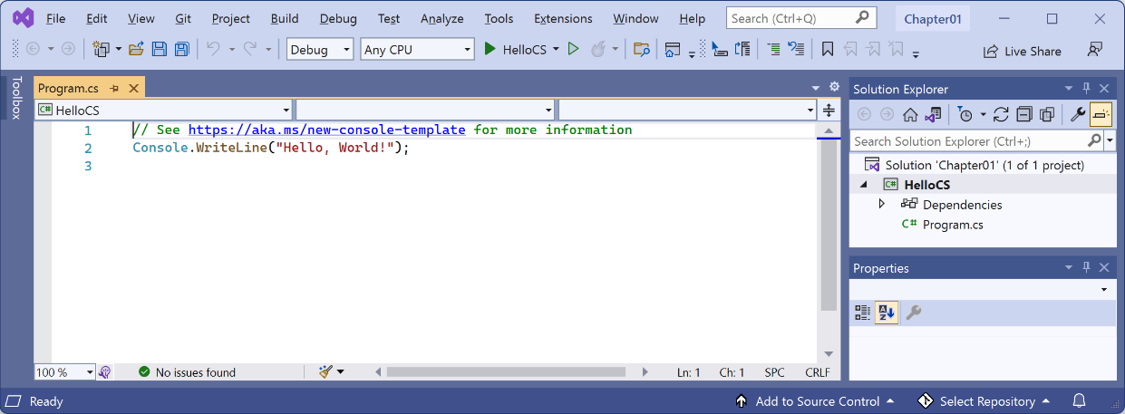 Figure 1.5: Editing Program.cs in Visual Studio 2022