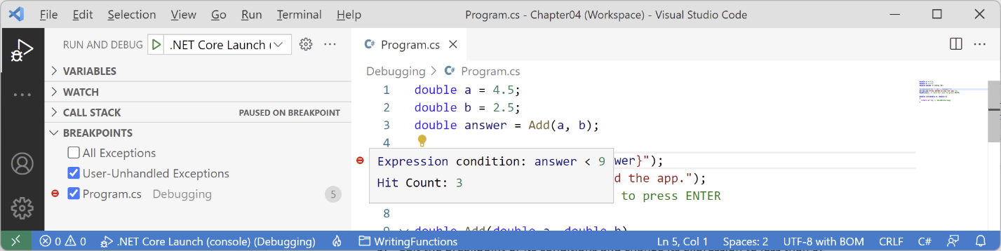 Figure 4.14: A summary of a customized breakpoint in Visual Studio Code