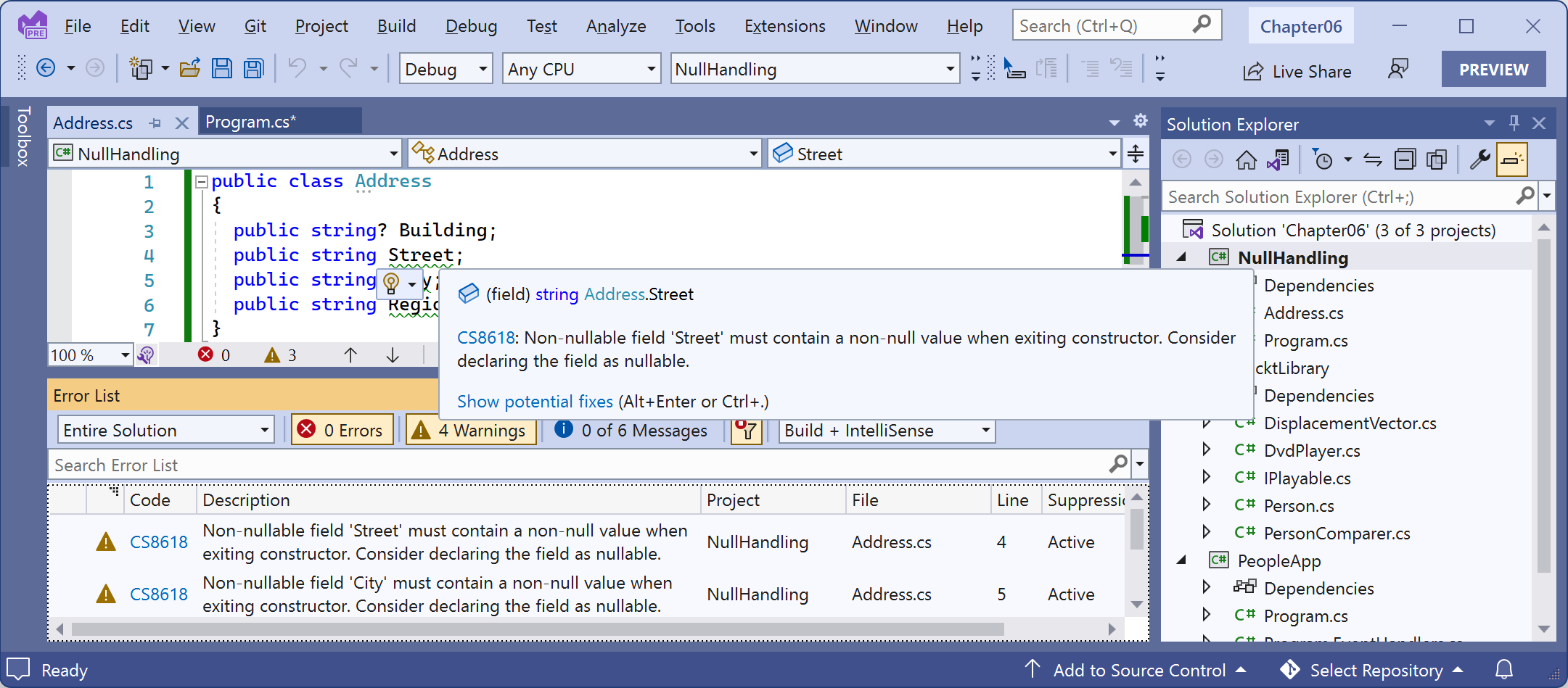 Figure 6.3: Warning messages about non-nullable fields in the Error List window