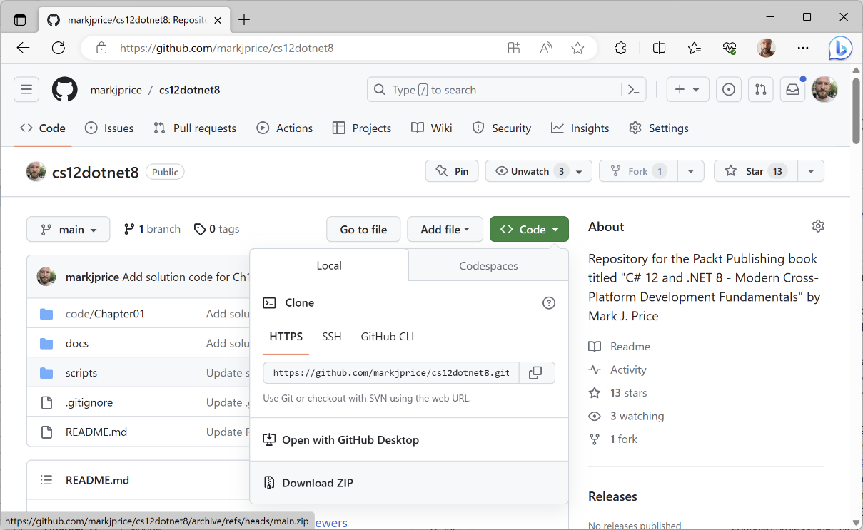 Figure 1.14: Downloading the repository as a ZIP file