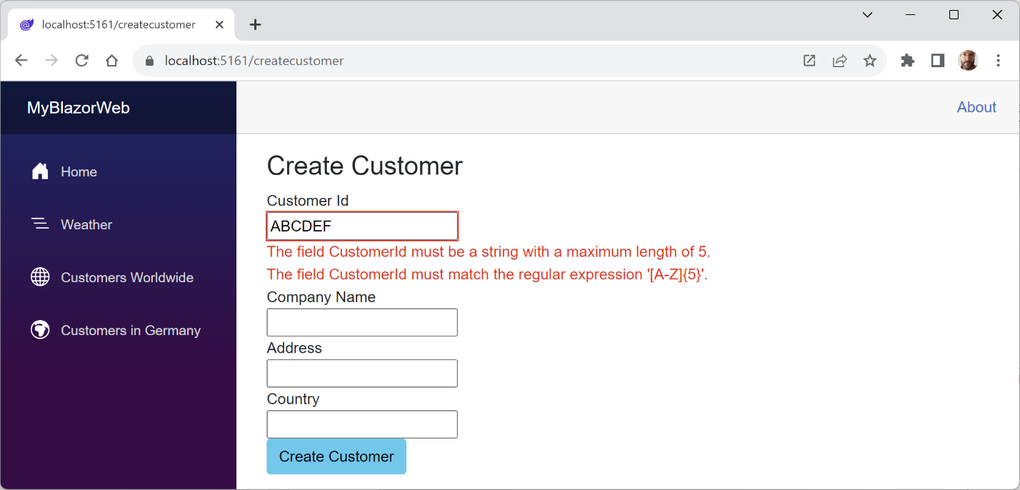 Figure 16.4: Creating a new customer and entering an invalid customer ID