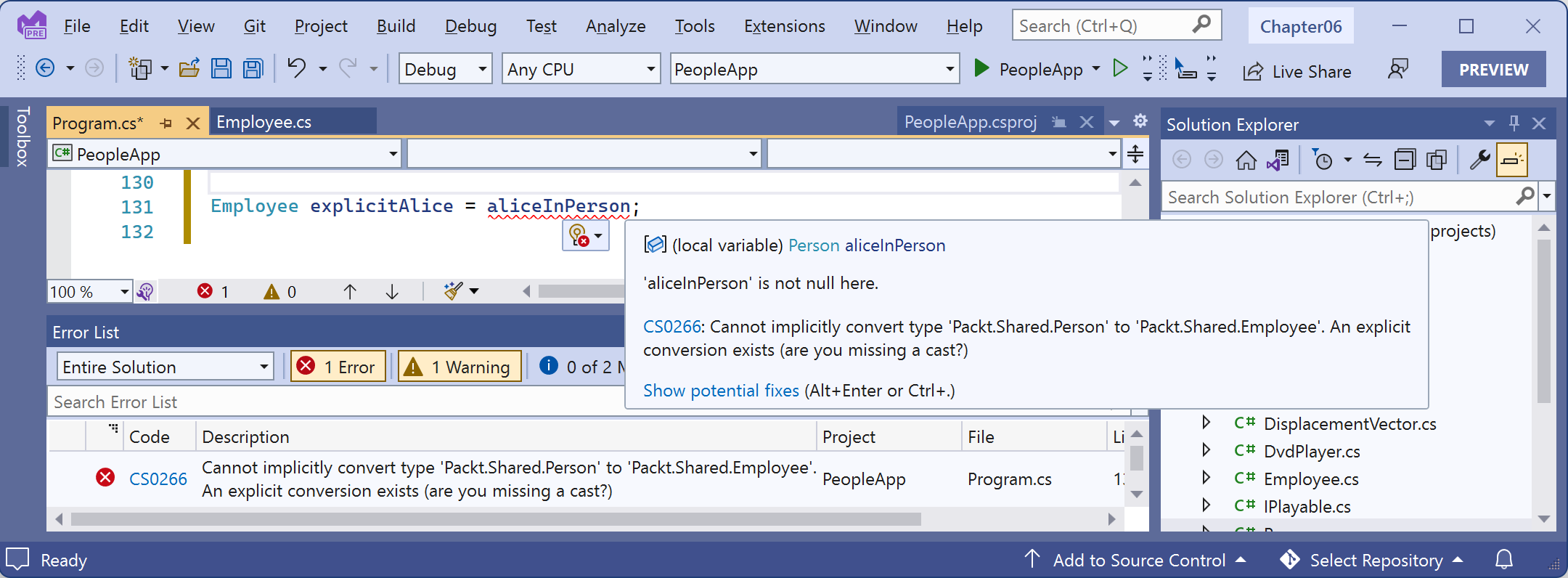 Figure 6.5: A missing explicit cast compile error