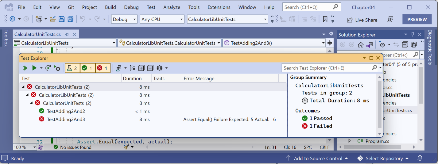 Figure 4.22: The unit test results in Visual Studio 2022's Test Explorer