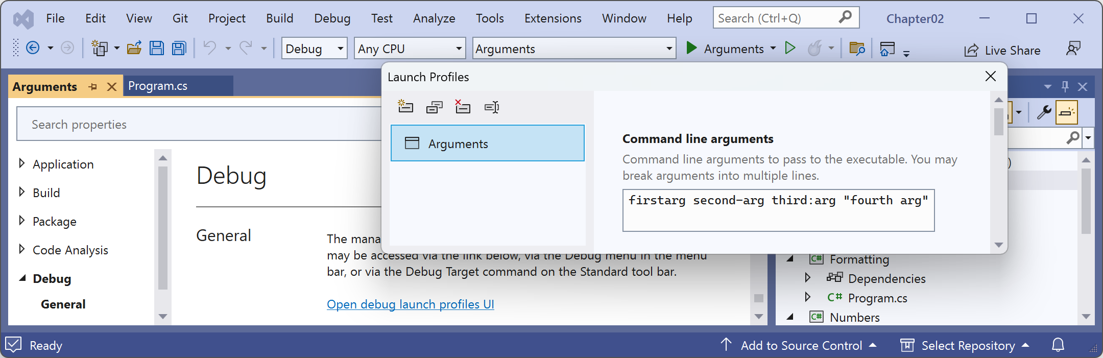 Figure 2.10: Entering command-line arguments in the Visual Studio project properties on Windows