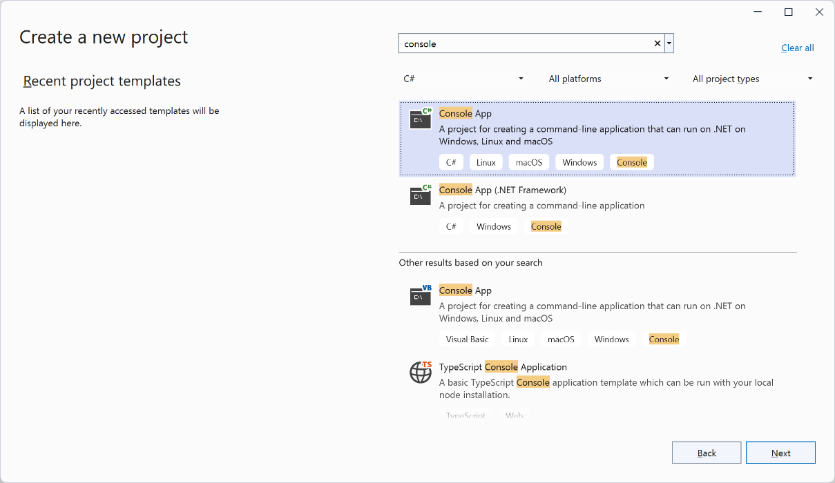 Figure 1.4: Selecting the C# Console App project template for modern cross-platform .NET