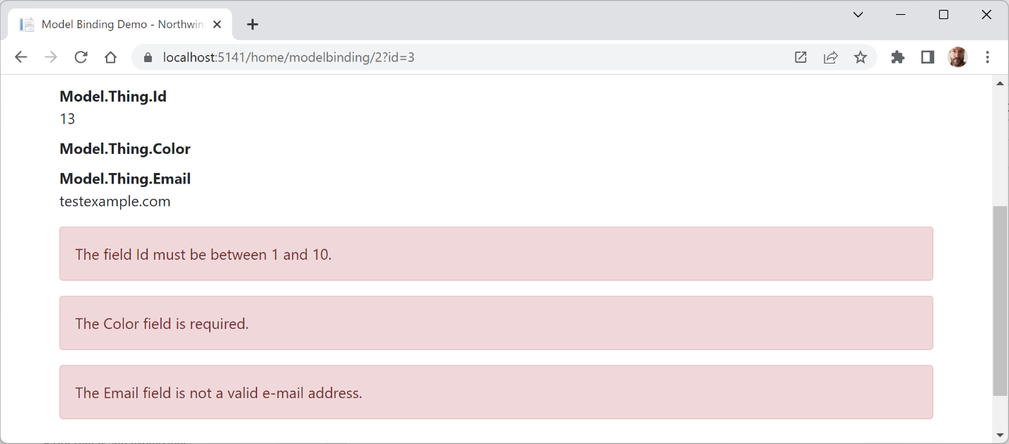 Figure 14.7: The Model Binding Demo page with field validations